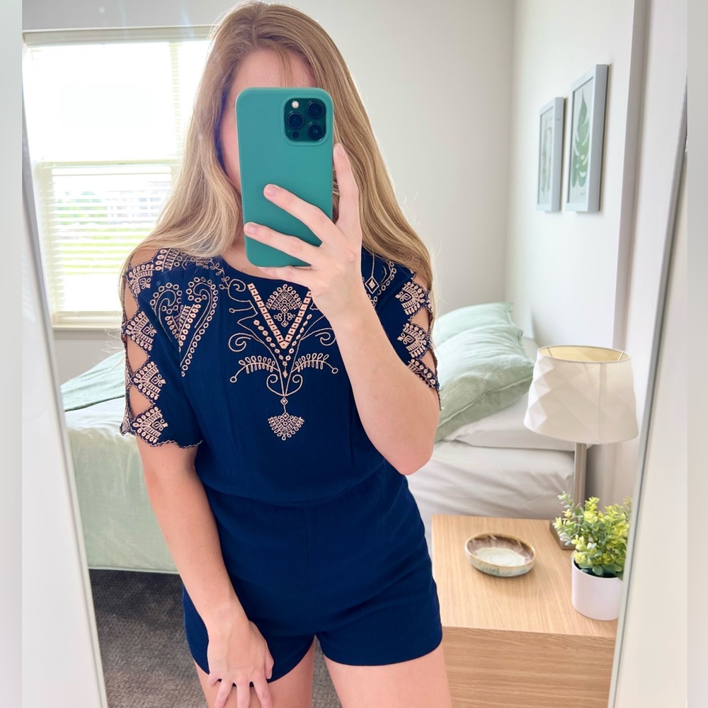Embroidered Navy Romper